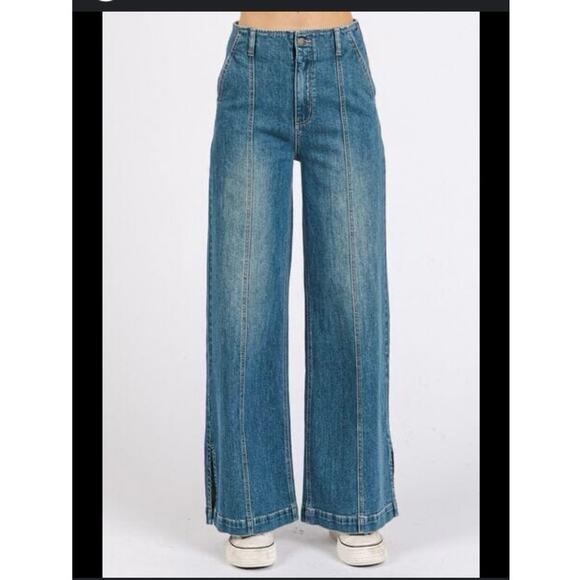 MITTOSHOP MEDIUM WASH SEAM DETAIL WIDE LEG DENIM JEANS - Picture 3 of 8